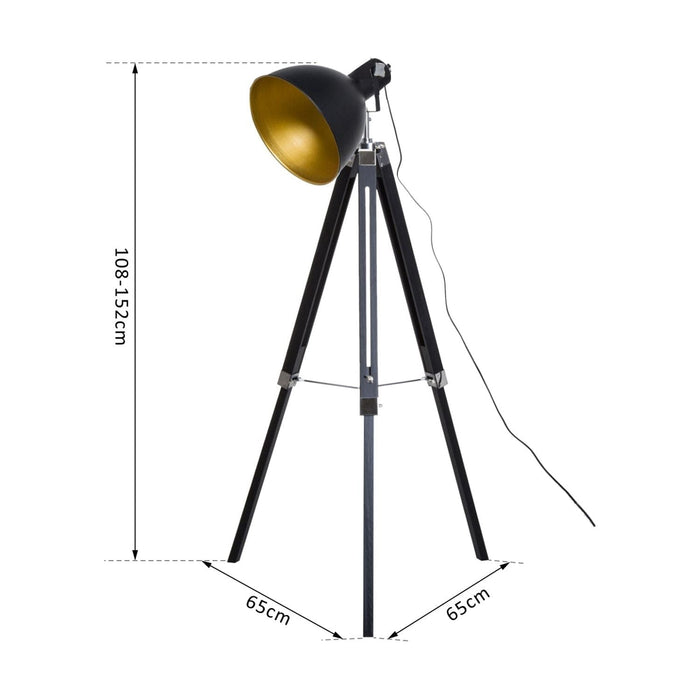 Industrial Style Floor Lamp with Wooden Tripod Legs - Black & Gold - Green4Life