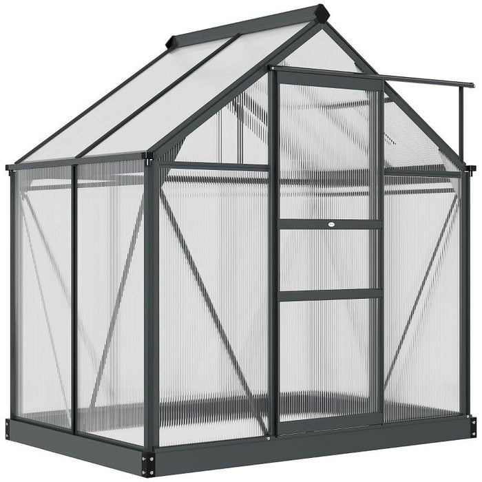 Outsunny 6 x 4 ft Walk-In Polycarbonate Greenhouse with Sliding Door, Galvanised Base & Aluminium Frame - Grey - Green4Life