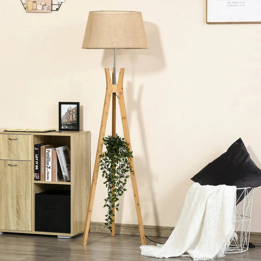 Tripod Floor Lamp with Natural Wood Legs & Fabric Shade - Beige - Green4Life