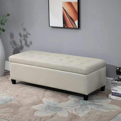 Storage Ottoman Bench with Button Tufted Design, Hinged Lid and Wooden Frame 125L x 49W x 41.5H cm - Beige - Green4Life