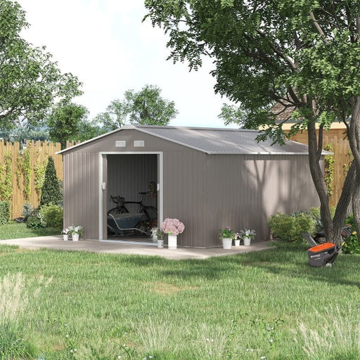 Outsunny 13 x 11FT Garden Metal Storage Shed with Foundation, Ventilation & Sliding Doors - Light Grey - Green4Life