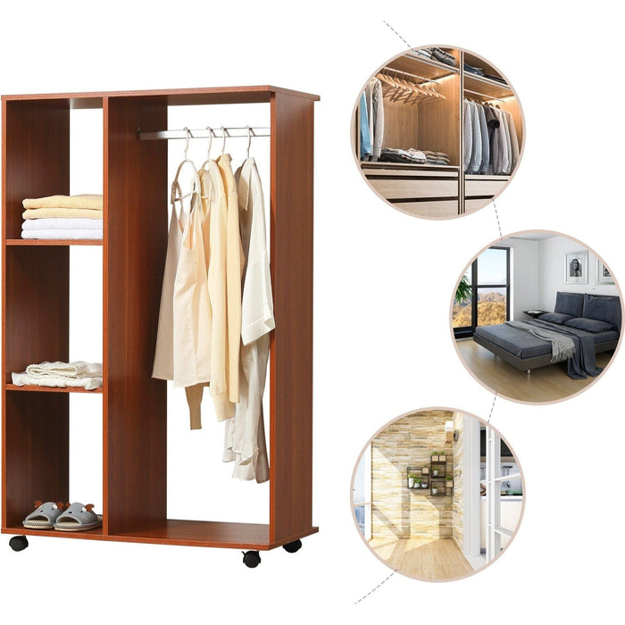 Open Wardrobe with Hanging Rail, Storage Shelves & Wheels - Walnut - Green4Life