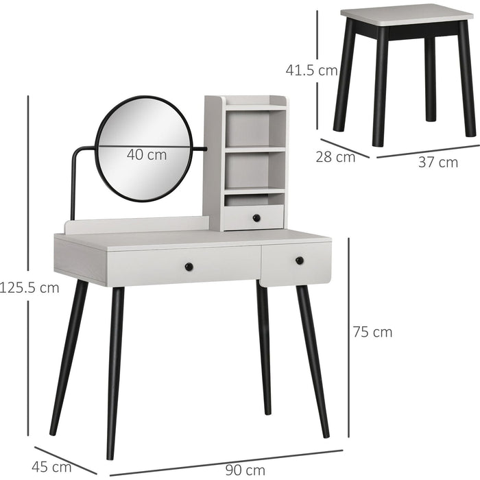 Dressing Table Set with Mirror, Stool, Drawers & Open Shelves - Grey - Green4Life