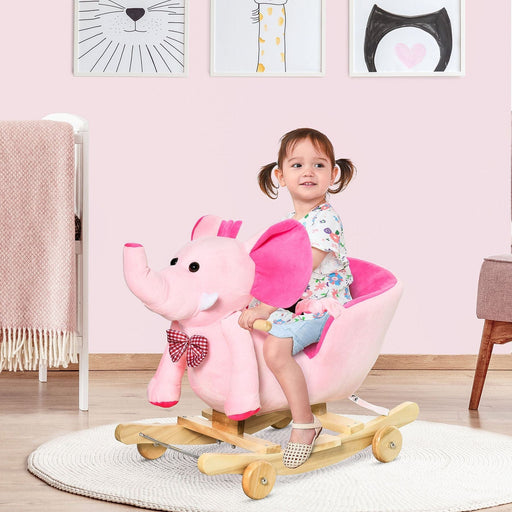 2 In 1 Plush Baby Ride on Rocking Elephant with Wheels, Wooden Toy for Kids with 32 Songs - Pink - Green4Life