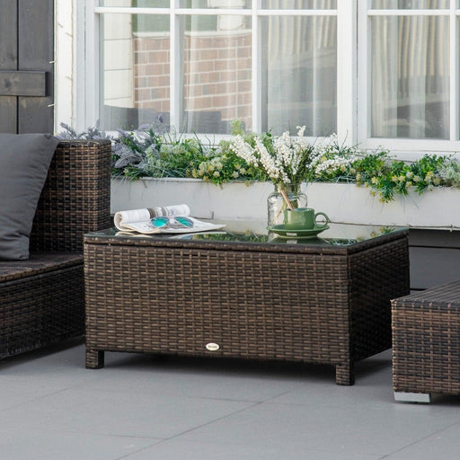 Outsunny Brown Rattan Garden Coffee Table with Tempered Glass Top - Green4Life