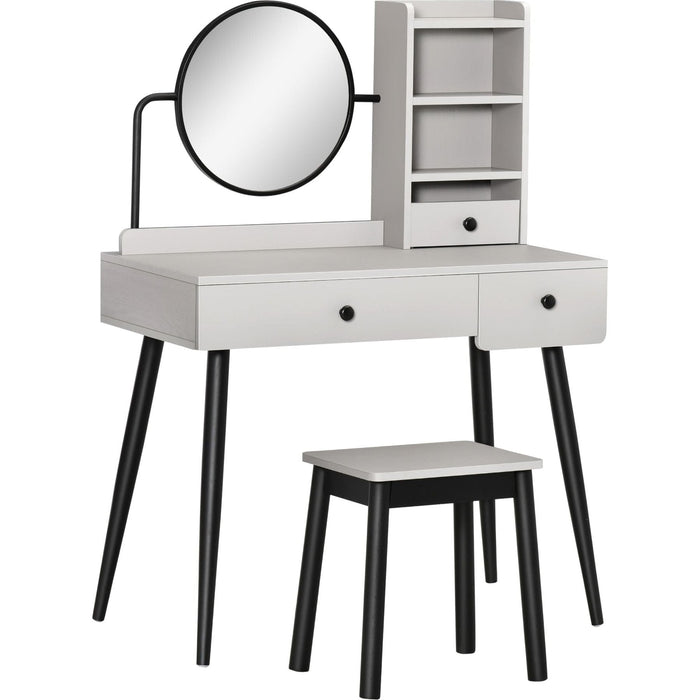 Dressing Table Set with Mirror, Stool, Drawers & Open Shelves - Grey - Green4Life