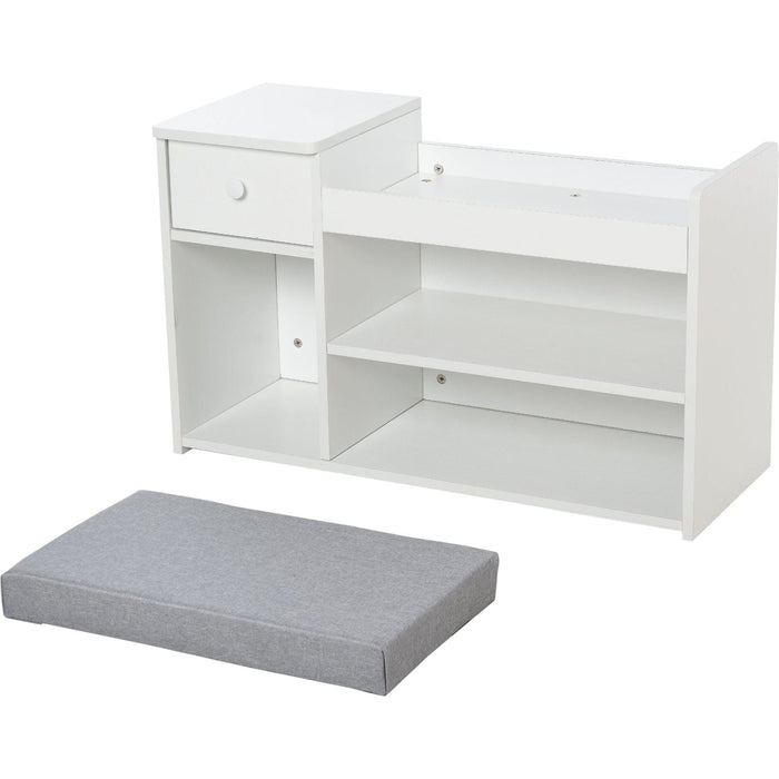 Wooden Shoe Bench with Hidden Storage, Padded Seat & 3 Open Compartments - White/Grey - Green4Life