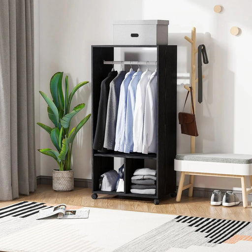 Open Wardrobe on Wheels with Hanging Rail and Shelves - Black - Green4Life