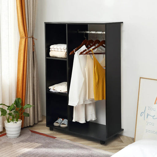Open Wardrobe with Hanging Rail, Storage Shelves & Wheels - Black - Green4Life