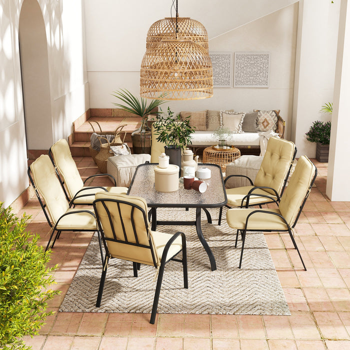 Luxe Outdoor Dining Ensemble - 7-Piece Set with Cushioned Armchairs & Glass Top Table - Beige - Outsunny