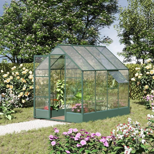 Outsunny 6 x 8ft Garden Walk-in Polycarbonate Greenhouse with Aluminium Frame & Plant Bed - Green - Green4Life