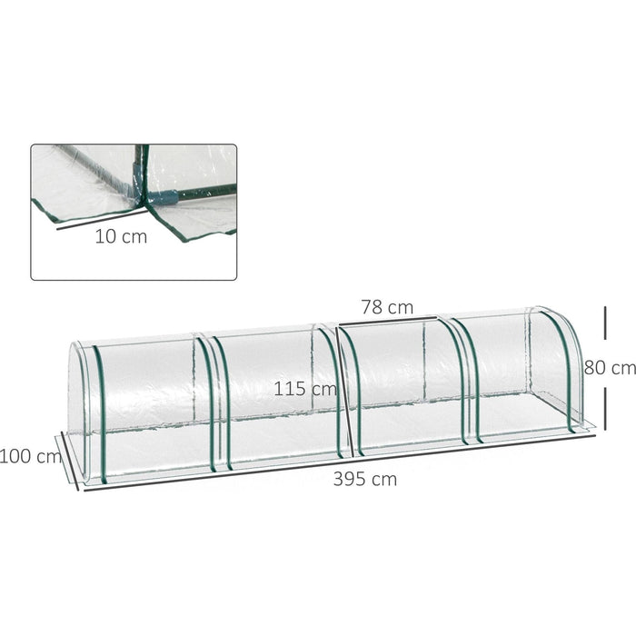 Outsunny 395L x 100W x 80H cm Small PVC Tunnel Greenhouse with Steel Frame - Green/Transparent - Green4Life