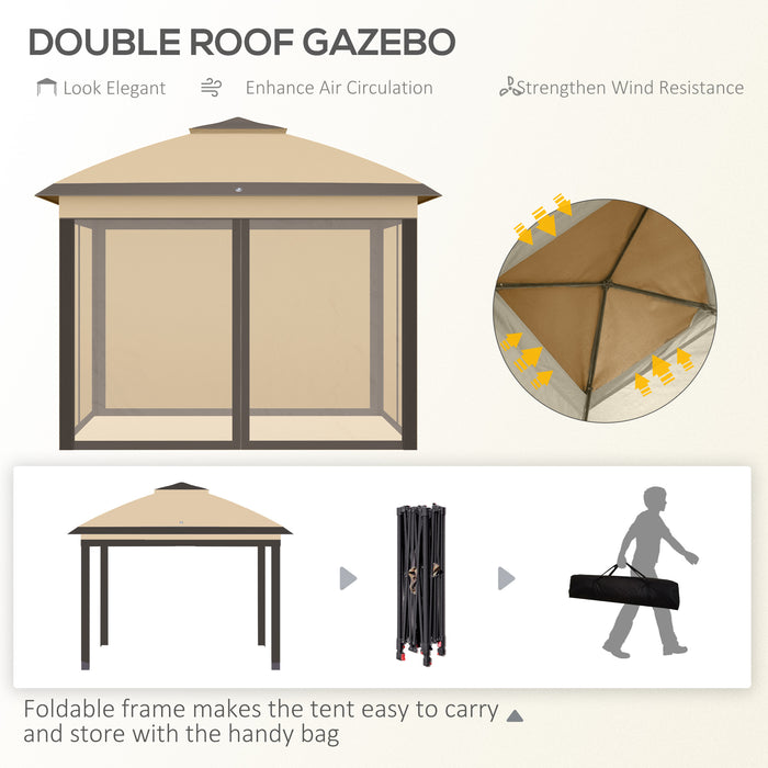 11 x 11 ft (3.35 x 3.35m) Adjustable Double-Roof Gazebo with Mesh Sidewalls - Beige - Outsunny