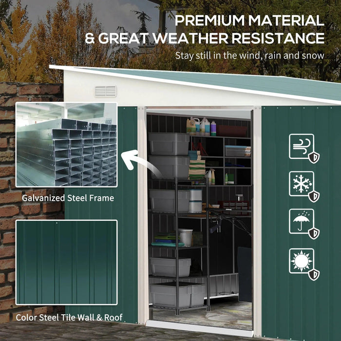 11 x 9 ft (280W x 345L cm) Metal Garden Storage Shed with Sloped Roof, Double Sliding Doors & 2 Air Vents - Green - Outsunny - Green4Life