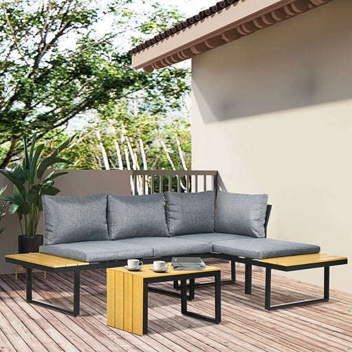 Outsunny 4-Seater Garden Sofa Set with Padded Cushions, Wood Grain Plastic Top Table and Side Panel - Dark Grey - Green4Life