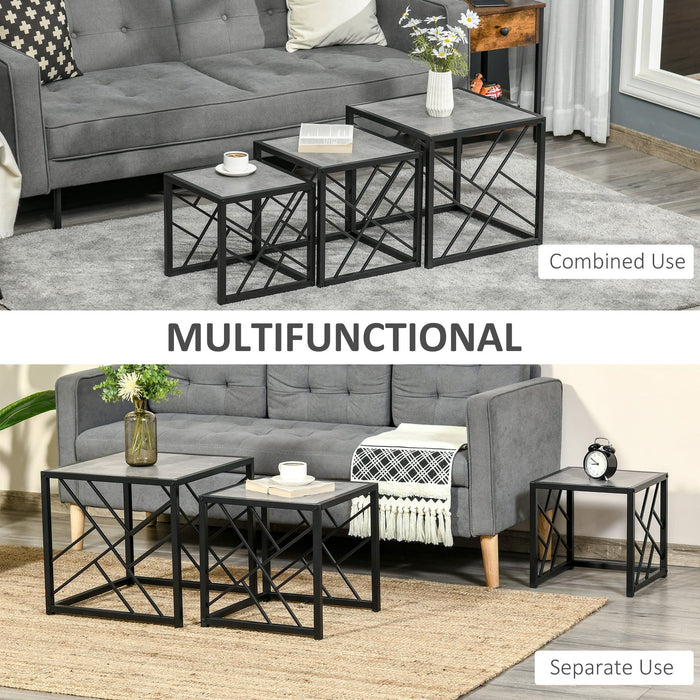 HOMCOM Set of 3 Square Coffee Tables with Metal Frame - Grey - Green4Life