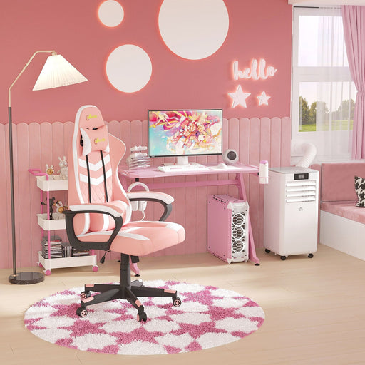 Vinsetto PVC Leather Gaming Desk Chair with Lumbar Support and Headrest - Pink/White - Green4Life