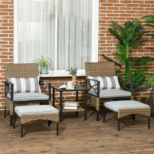 Outsunny 5-Piece PE Rattan Garden Furniture Set with Armchairs, Stools & Side Table - Grey/Khaki - Green4Life