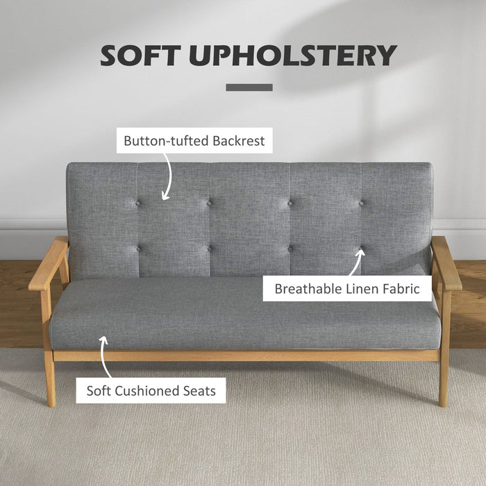 3-Seater Linen Fabric Upholstery Tufted Sofa with Rubberwood Legs - Dark Grey - Green4Life