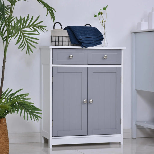 kleankin Bathroom Storage Cabinet Unit with 2 Drawers and Adjustable Shelves 75x60cm - Grey and White - Green4Life