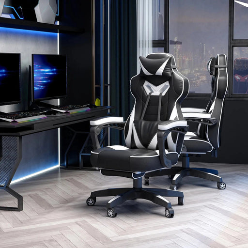 Vinsetto PU Leather Gaming Chair with Footrest and Headrest - White/Black - Green4Life