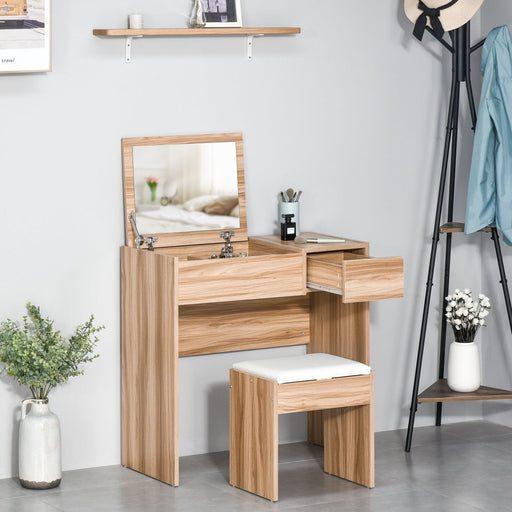 Dressing Table with Drawer, Flip-up Mirror and Cushioned Stool - Natural - Green4Life