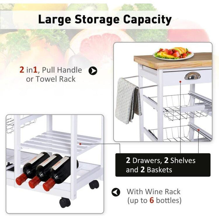Storage Trolley with 2 Drawers, Shelves, Baskets and Wine Rack - White - Green4Life