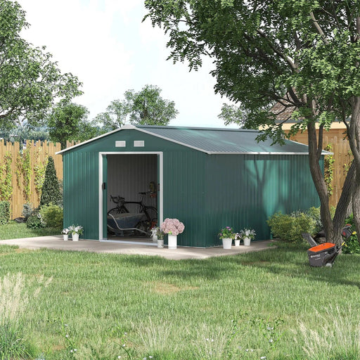 Outsunny 13 x 11 ft Metal Shed with Foundation and Ventilation Slots - Deep Green - Green4Life