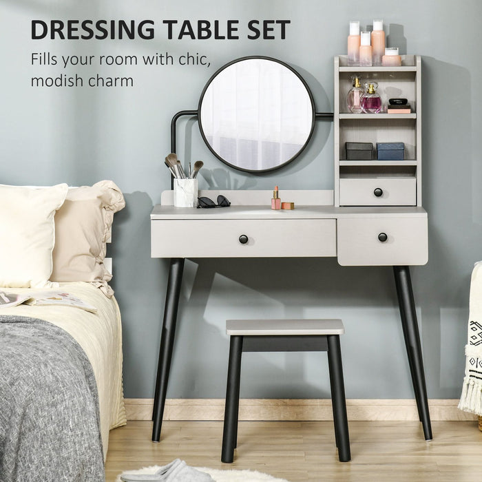 Dressing Table Set with Mirror, Stool, Drawers & Open Shelves - Grey - Green4Life