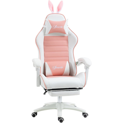 Vinsetto PU Leather Reclining Gaming Chair with Removable Bunny Ears, Footrest, Headrest and Lumber Support - Pink - Green4Life