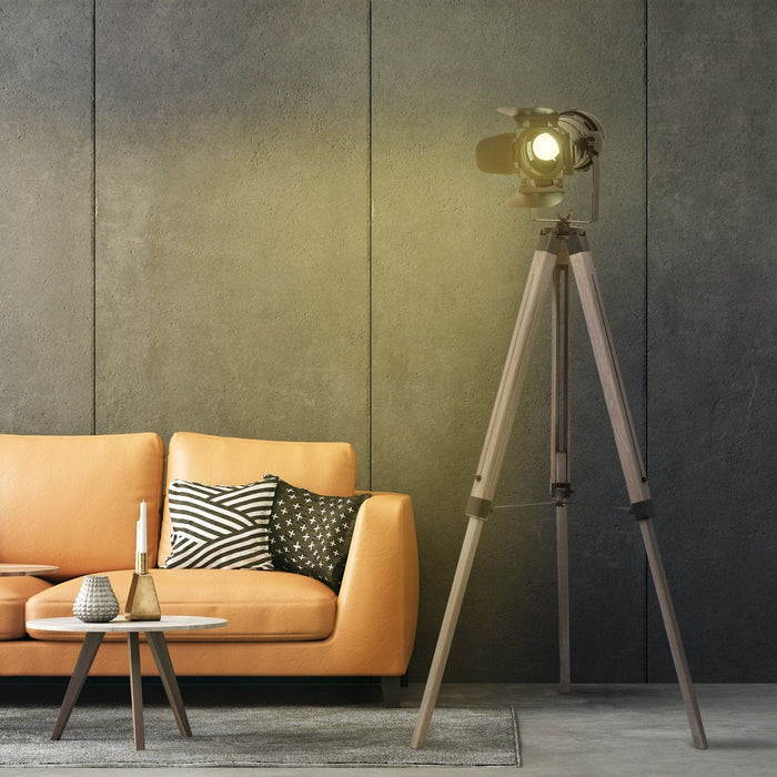 Industrial Style Tripod Floor Lamp - Black & Natural Wood - Green4Life