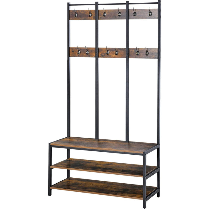 Industrial-Style Coat Rack with Hooks & Shelves 100L x 40W x 184Hcm -Rustic Brown & Black - Green4Life