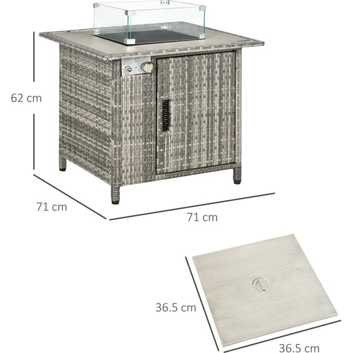 Outsunny Rattan Square Gas Fire Pit Table with Glass Windscreen and Lava Stones - Grey - Green4Life