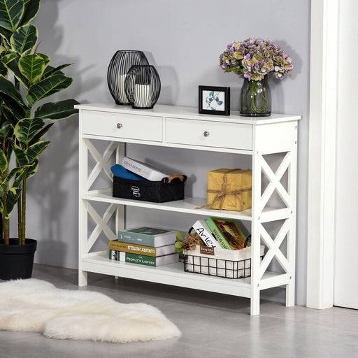 Console Table Side Desk with 2 Shelves & 2 Drawers - White - Green4Life