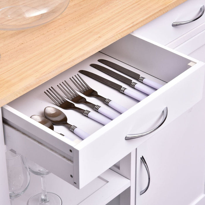 Kitchen Storage Trolley Cupboard with Pine Wood Worktop, Shelves, Drawers & Towel Rail - White - Green4Life