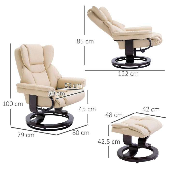 Reclining Swivel Armchair & Footstool Set PU Leather - Cream - Green4Life