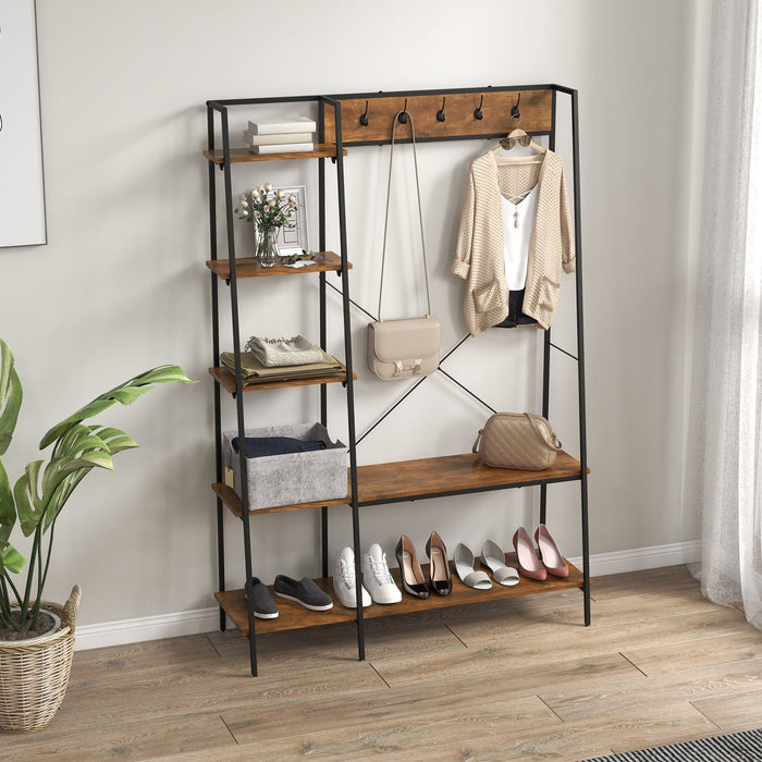 Industrial Design Hallway Unit with 2 Tier Shoe Rack, 5 Hooks, 5 Side Shelves & Steel Frame 117 x 38 x 169cm - Brown - Green4Life