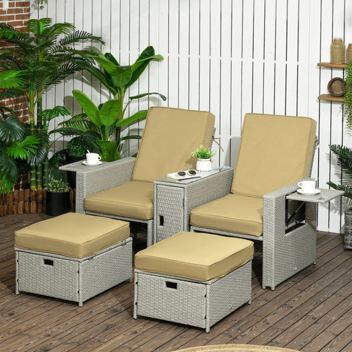 Outsunny 5-Piece Recliner PE Rattan Sun Lounger Set with Storage Side Table, and Footstools for Patio and Garden - Beige/Khaki - Green4Life