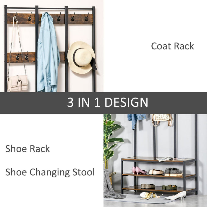 Industrial-Style Coat Rack with Hooks & Shelves 100L x 40W x 184Hcm -Rustic Brown & Black - Green4Life