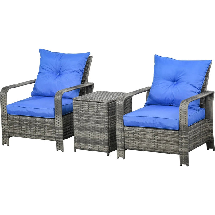 Outsunny 3-Piece PE Rattan Wicker Bistro Set with Armchairs & Storage Table - Blue - Green4Life