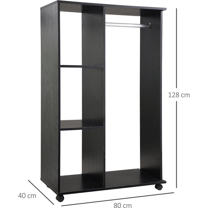 Open Wardrobe with Hanging Rail, Storage Shelves & Wheels - Black - Green4Life