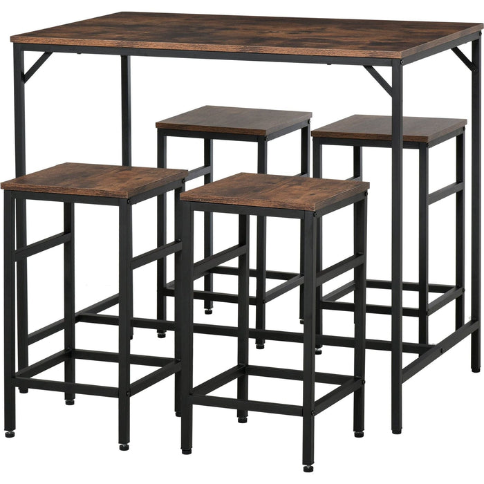 Industrial Rectangular Bar Table Set with 4 Stools - Rustic Brown - Green4Life