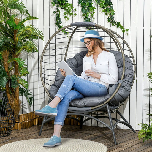 Outsunny Portable Rattan Egg Chair - Folding Wicker Basket Chair with Cushion and Bottle Holder - Grey/Black - Green4Life