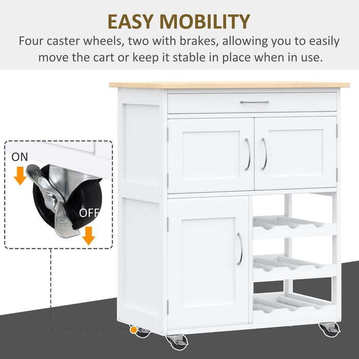 Kitchen Trolley with Drawer, 9-bottle Wine Rack & Cabinets - White - Green4Life