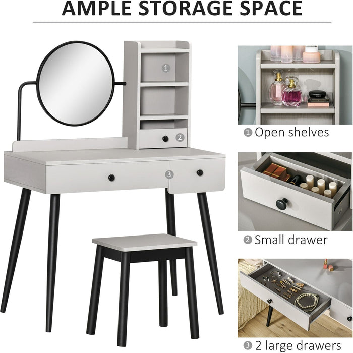 Dressing Table Set with Mirror, Stool, Drawers & Open Shelves - Grey - Green4Life