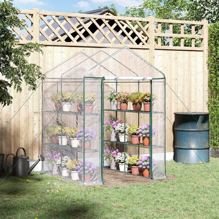 Outsunny 143 L x 143W x 195H (cm) Walk-In Greenhouse with 3 Tiers &  8 Shelves, Metal Frame, PVC Film - Transparent - Green4Life