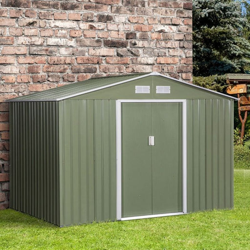 Outsunny 9 x 6FT Garden Metal Storage Shed with Foundation, Ventilation & Doors - Light Green - Green4Life