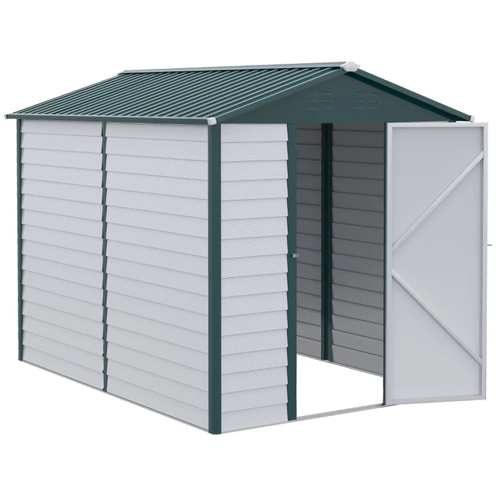 9 x 6 ft (193W x 271L cm) Galvanised Metal Garden Shed with Sloped Roof, Lockable Door - White/Green - Outsunny