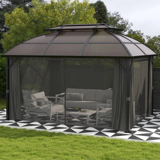 13 x 10 ft (4 x 3m) Luxury Brown Polycarbonate Gazebo with Aluminium Frame, Double Roof, Curtains, and Netting - Outsunny - Green4Life