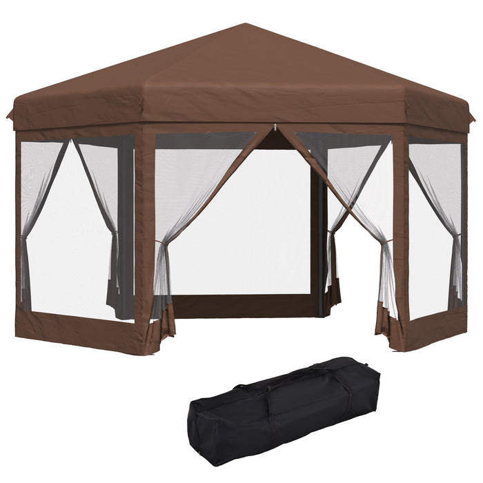 11 x 10 ft (3.5 x 3m) Hexagonal Gazebo with Adjustable Height and Mosquito Netting - Brown - Outsunny